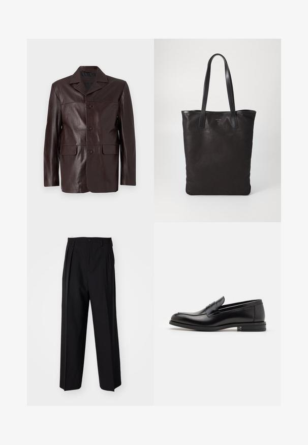 Ruskea nahkajakku, jossa on kauluspääntie, etupaineltava suljin, kaksi alahihnaa ja sileä, kiiltävä pinta.; Valkoinen nappikauluspaita, jossa on hienovaraiset pystysuorat raidat, pitkät hihat, rintatasku ja klassinen pyöristetty helma.; Mustat laskostetut housut, joissa on suora, leveä lahje. Valmistettu sileästä kankaasta, jossa on nappisuljenta ja vyölenkit.; Mustat nahkakengät, joissa on sileä pinta, pyöreä kärki ja koristeellinen nauha jalkapöydän yli. Matala pinoitu koroke, minimalistinen muotoilu.; Mustat kangaskassit mustilla nahkahandleilla. Yksinkertainen muotoilu, tilava runko ja sileä pinta. Ei näkyviä logoja tai kuvioita.