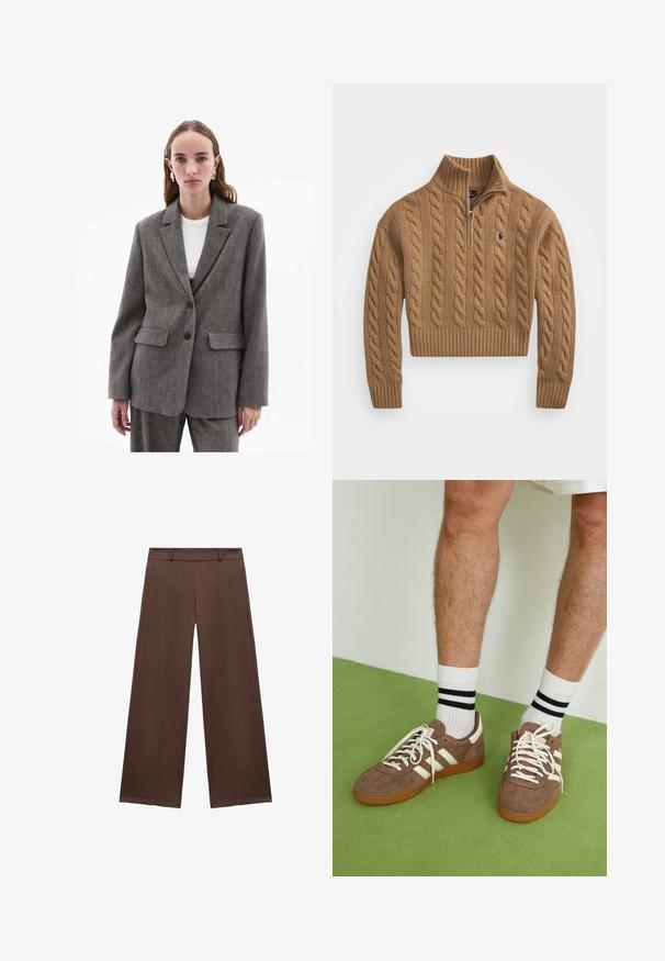 Grå fiskbensmönstrad kavaj med skräddarsydd passform, snedskurna slag, två framfickor och två bruna knappar. Bärs över en vit topp.; Stickad tröja i honungsgul färg, med hög krage och fyrdelad dragkedja. Ribbad fåll och ärmslut ger textur till designen.; Bruna vida byxor i mjukt tyg, med platt front och midjeband samt veckdetaljer för extra textur.; Bruna mockaskor med vita detaljer och snören. Gummisula i beige. Bärs med vita strumpor med svarta ränder. Grön strukturerad golvyta.