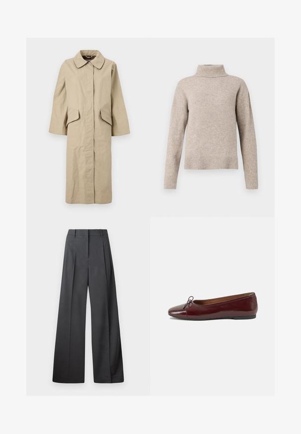 Palton bej, până la genunchi, cu un guler mare, două buzunare laterale și o croială dreaptă. Fabricat dintr-un material texturat, ușor.; Pulover bej cu guler înalt, realizat dintr-un material tricotat moale. Are un guler și manșete striate, cu o croială ușor supradimensionată și lejeră.; Pantaloni culți din țesătură gri închis, cu talie înaltă, pliuri simple și o textură netedă, cu o finisare curată la tivuri.; Balerini din piele patent burgund cu vârful rotund, accent de fundiță mică în față și talpă joasă din cauciuc negru. Textură netedă.