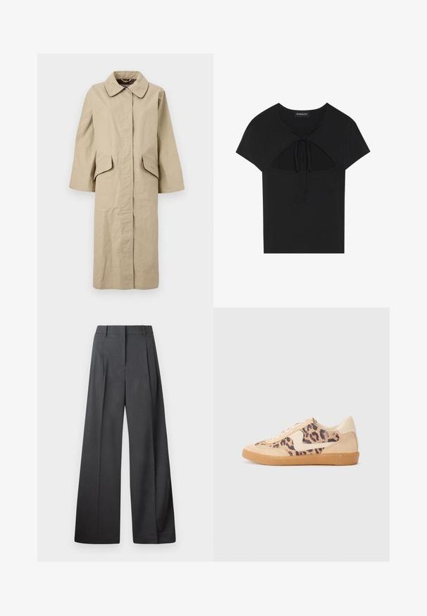 Béžový kabát po kolena s velkým límcem, dvěma bočními kapsami a rovný střih. Vyrobený z lehké, texturované látky.; Černý top s krátkým rukávem a kulatým výstřihem, s výřezem a zavazováním v přední části. Vyrobeno z měkké, lehké tkaniny.; Široké kalhoty z tmavě šedé látky, s vysokým pasem, jedním skladem a hladkou texturou s čistým zakončením na lemech.; Tenisky s leopardím vzorem, s béžovým semišovým svrškem, hnědou gumovou podrážkou a bílými akcenty. Kulatý špička a šněrovací design s texturovaným povrchem.