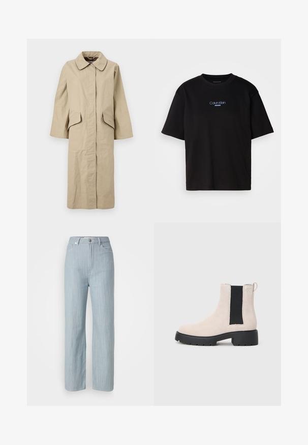 Palton bej, până la genunchi, cu un guler mare, două buzunare laterale și o croială dreaptă. Fabricat dintr-un material texturat, ușor.; Tricou din bumbac negru cu guler rotund, mâneci scurte și logo-ul brodat în albastru "Calvin Klein JEANS" pe față.; Jeans drepti de culoare bleu deschis, din denim. Prezintă cinci buzunare, un închizător metalic și o ușoară decolorare pentru textură.; Botine Chelsea din suede bej, cu panou elastic lateral negru, talpă groasă neagră și tab de prindere la gleznă.