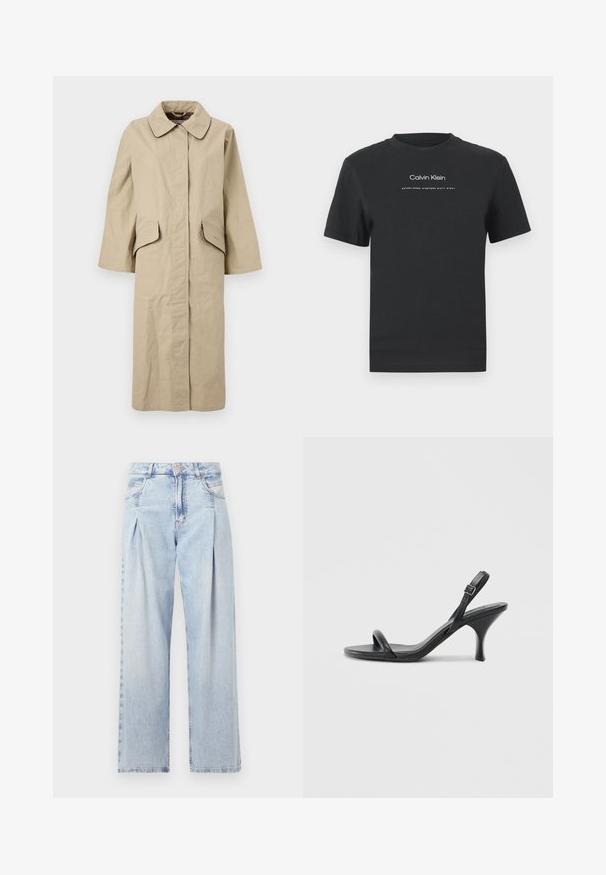 Béžový kabát po kolena s velkým límcem, dvěma bočními kapsami a rovný střih. Vyrobený z lehké, texturované látky.; Černé bavlněné tričko s kulatým výstřihem, krátkými rukávy a bílým potiskem loga "Calvin Klein" a textem "Established 1968".; Světlé modré džíny z denimu s vysokým pasem, širokým střihem, dvěma bočními kapsami a nařaseným designem. Měkká textura s vybledlým povrchem.; Černé kožené sandály na vysokém podpatku s úzkým, zakřiveným podpatkem a designem s překříženými popruhy. Nastavitelný pásek kolem kotníku. Hladký povrch.