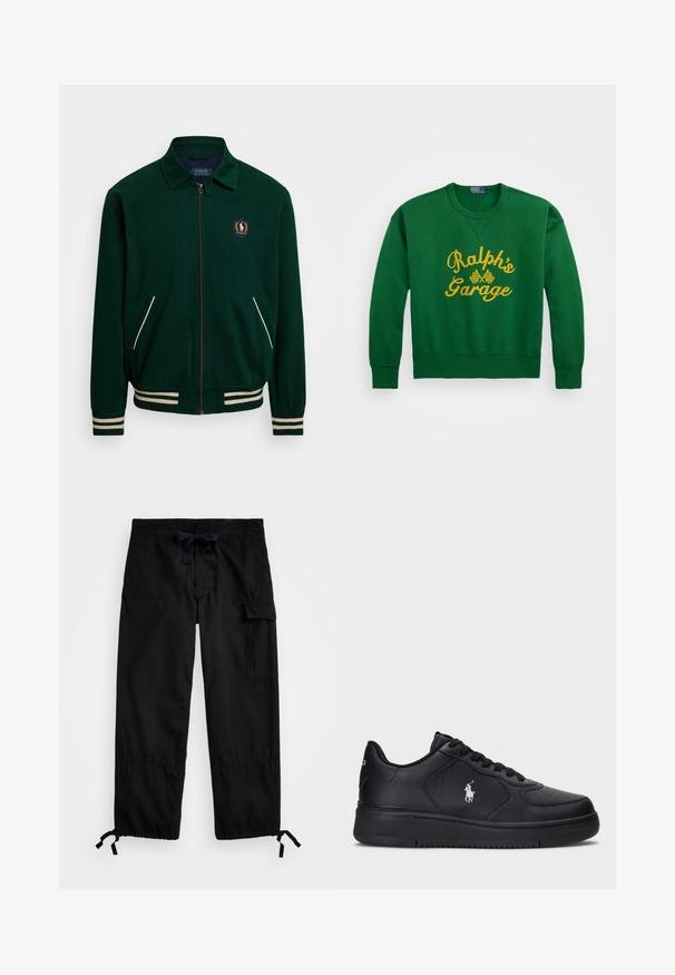 Green zip-up jacket with a pointed collar, white stripe accents, and a logo patch on the left chest. Features two front pockets.; Green sweatshirt with a rounded neckline, featuring yellow embroidered text "Ralph’s Garage" and checkered flag details. Cotton blend material.; Black cargo pants with elastic waistband and drawstring. Features side pockets and adjustable cuffs with toggles. Made of lightweight fabric.; Black leather sneakers with a perforated design, flat lace-up closure, and a white embroidered logo on the side. Thick black rubber sole.