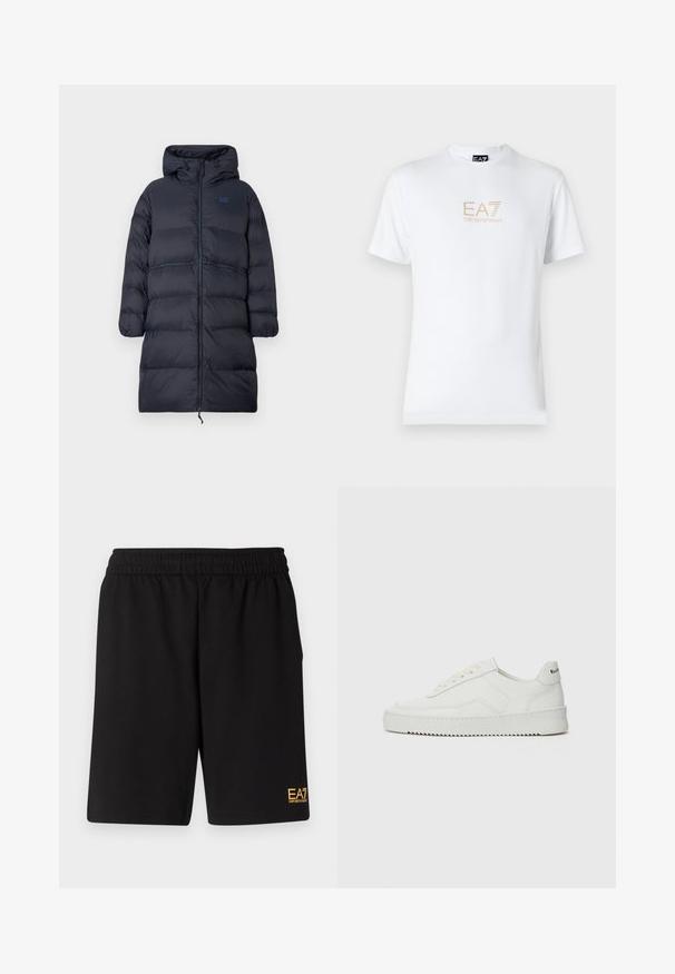 Dolga mornarsko modra izolirana zimska bunda s kapuco, poln zadrgo spredaj, elastičnimi manšetami in logotipom EA7 na prsih.; Bela bombažna majica s krožnim izrezom in kratkimi rokavi, s pozlačenim logotipom EA7 Emporio Armani natisnjenim spredaj.; Črne športne kratke hlače iz mehkega blaga, z elastičnim pasom in majhnim rumenim logotipom EA7 na spodnjem levem delu noge.; Bela usnjena športna obutev z gladko površino, okroglo prst, ravne vezalke in teksturiran podplat. Ima diskretno logo na peti.
