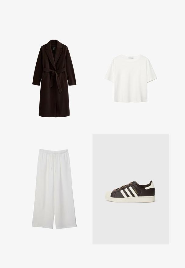 Brązowy płaszcz z paskiem, z długimi rękawami, klapami i dwiema przednimi kieszeniami. Materiał wydaje się gładki z wyraźnie zarysowanym krojem.; Biała koszulka z krótkim rękawem, wykonana z bawełny. Posiada okrągły dekolt i luźny krój. Gładka faktura bez widocznych wzorów czy akcentów.; Białe szerokie spodnie wykonane z lekkiego materiału, z elastyczną talią i sznurkiem do regulacji fasonu. Gładka tekstura.; Niskie trampki Adidas Superstar z ciemnobrązowej skóry z kremowym noskiem w kształcie skorupy, białymi paskami i napisem „Superstar” po boku.