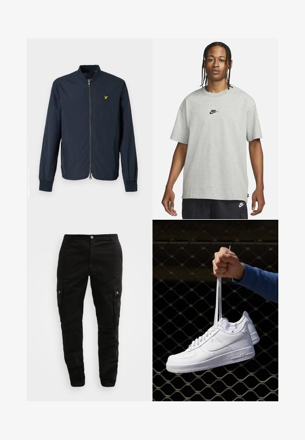 Tamsiai mėlynas zip-up džemperis su raukšlėtu apykakle ir rankogaliais, pagamintas iš lengvos medžiagos, su mažuoju geltonu logotipu kairėje krūtinės pusėje.; Jaunas žmogus su pintomis plaukomis, vilkintis šviesiai pilką Nike marškinėlį ir juodus Nike šortus, priešais vientisą baltą foną.; Juodos cargo kelnės, pagamintos iš tvirtos medžiagos, su šoninėmis kišenėmis, mygtukų uždarymu ir siauru siluetu. Lygus paviršius su minimaliu detalizavimu.; Balti odiniai sportiniai bateliai su perforacijomis, apvalia nosimi, plokščiu padu ir storomis raištelėmis, su matomu swoosh logotipu ir "AIR" ant kulno.