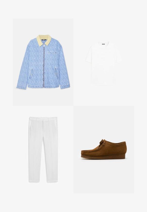 Light blue denim jacket with a yellow collar, featuring a repeated logo pattern, zip closure, and front pockets.; White cotton t-shirt with short sleeves, round neckline, and a straight cut. Smooth texture with no visible patterns or accents.; White linen trousers with a straight cut, featuring two front pockets and a button closure. Smooth texture, no visible patterns or accents.; Brown suede shoe featuring a round toe and low heel, detailed stitching along the seams, and a lace-up front. Soft texture with streamlined design.