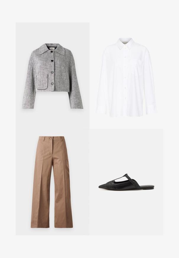 Avskuren grå herringbone-jacka gjord av texturerat tyg, med en stor krage, svarta knappar och en böjd ficka med kontrasterande kant.; Vit långärmad skjorta med krage i bomull. Har en knapp-down fram och en enda bröstficka. Slät textur, avslappnad passform.; Bruna vida byxor i ett slätt tyg, med knappstängning fram, två framfickor och rena, skräddarsydda linjer.; Svart läderslingback-sko med spetsig tå, med en vävd detalj och plisserad överdel. Platt sula med minimal hårdvara.