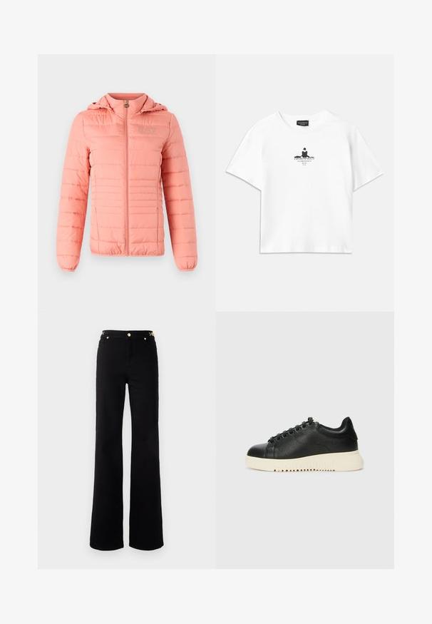 Lyserød pufferjakke med lynlås og hætte. Har horisontale quiltede paneler og et logo på øverste venstre side. Blød tekstur.; Hvid bomulds T-shirt med løs pasform, som har et sort grafisk print i midten, der inkluderer tekst og et silhuetdesign.; Sorte flared jeans med en glat tekstur, der har en guldfarvet hardwaredetalje ved taljen og et klassisk fem-lomme design.; Sorte lædersneakers med en struktureret overflade, rund tå, seks sorte øjer og en hvid gummisål med riller.