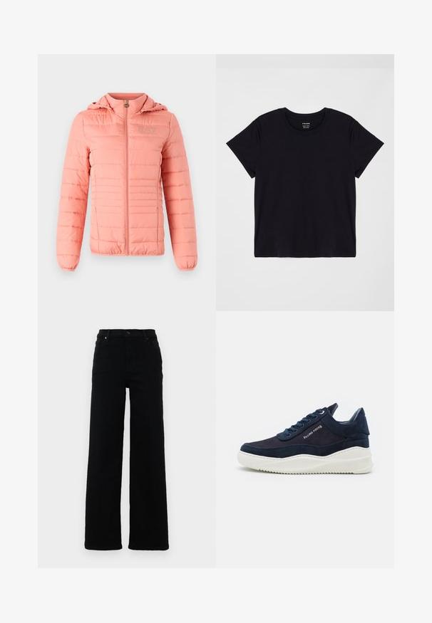 Gaiši rozā pūkaina jaka ar rāvējslēdzēja aizdari un kapuci. Iezīmējoties ar horizontālām quilted paneļiem un logo kreisajā augšējā stūrī. Mīksta tekstūra.; Melns īsais krekliņš ar īsām piedurknēm, kas izgatavots no mīkstas kokvilnas. Klasisks apaļas kakla dizains ar vienkāršu, neizpušķotu virsmu un brīvu piegriezumu.; Melni augstās jostasvietas džinsi ar taisnatām kājām, izgatavoti no denima. Iespējas ietver jostas cilpas, priekšējās kabatas un pogas detaļa.; Tumši jūras zilas zamšādas tenisa kurpes ar baltām gumijas zoleēm, noapaļota purngala un laukumu dizains. Satur logotipa detaļu sānos un teksturētas akcentus.