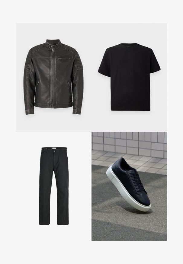 Sort læderjakke med høj krave, lynlåslukning foran, sidelommer og quiltede skulderdetaljer for ekstra tekstur og detaljer.; Sort kortærmet T-shirt lavet af tekstureret stof, med rund halsudskæring og en afslappet pasform. Enkel, uden mønstre eller accenter.; Sorte bukser lavet af holdbart stof, med en lige pasform, syede detaljer og to forlommer for funktionalitet.; Sort lædersneaker med rund tå og hvid gummisål. Har flade snørebånd og minimal syning på overdelen. Tekstureret sål for bedre greb.