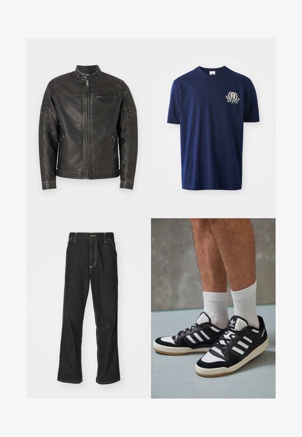 Black leather jacket featuring a high collar, zip front, side pockets, and quilted shoulder accents for added texture and detail.; Navy blue cotton t-shirt with short sleeves, round neckline, and embroidered logo featuring laurel accents on the left chest.; Black denim jeans with a loose fit, featuring contrasting white stitching, a button closure, and a straight leg design.; Black and white sneakers with a suede and leather upper, featuring three white stripes, a perforated toe, and a gum rubber sole.