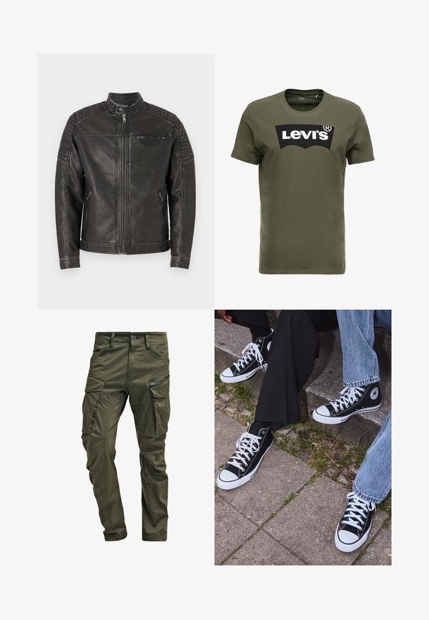 Svart skinnjakke med høy krage, glidelås foran, sidelommer og quiltede skulderdetaljer for ekstra tekstur og detaljer.; Oliven grønn bomulls t-skjorte med en stor svart Levi's-logo på forsiden. Klassisk crewneck og korte ermer, glatt tekstur.; Olivengrønne cargo-bukser lavet af robust bomuld. Har flere lommer, en lynlåslomme på siden og tætsiddende ben med en let struktureret overflade.; Sorte høyre sneakers i kanvas med hvite gummisåler og snøringer, med et rundt logo på siden og kombinert med denim og sorte bukser.