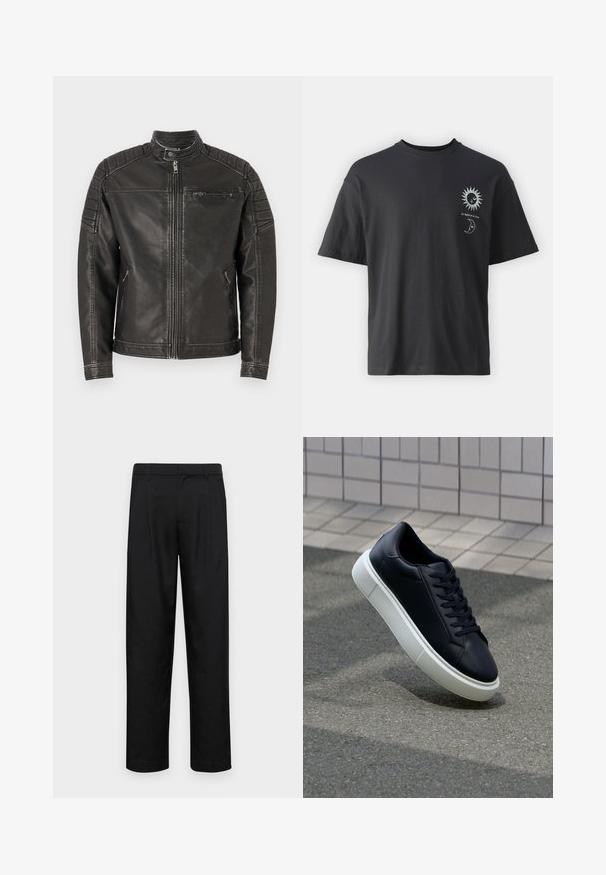 Sort læderjakke med høj krave, lynlåslukning foran, sidelommer og quiltede skulderdetaljer for ekstra tekstur og detaljer.; Sort bomulds T-shirt med korte ærmer, rund hals og frontgrafik af en sol og måne, ledsaget af teksten "Le Soleil et La Lune."; Sorte bukser lavet af glat stof, med et lige ben-design, to frontfolder og en standard talje med bæltestropper.; Sort lædersneaker med rund tå og hvid gummisål. Har flade snørebånd og minimal syning på overdelen. Tekstureret sål for bedre greb.