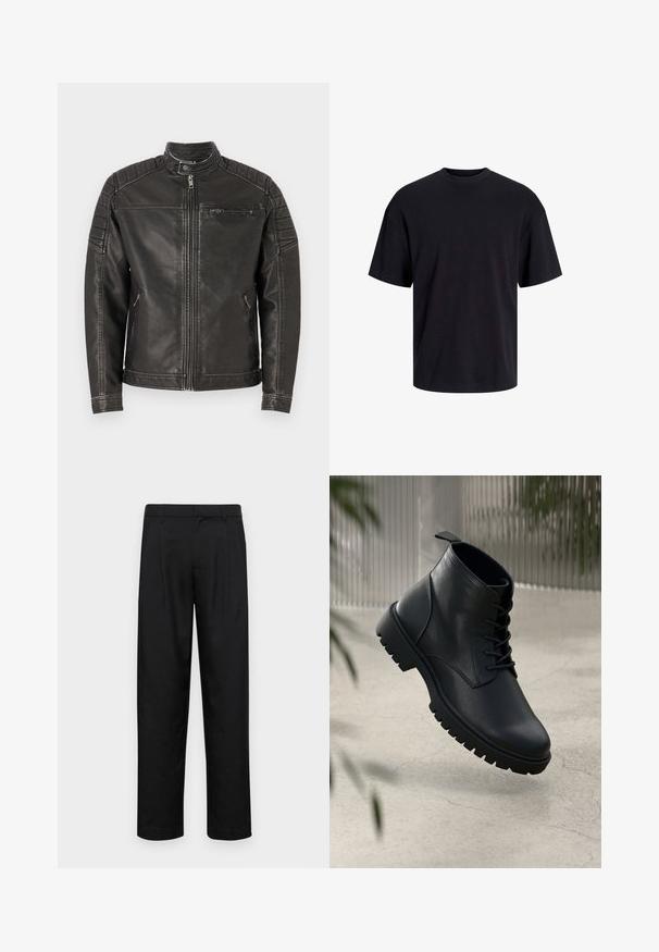 Veste en cuir noir avec un col haut, fermeture éclair à l'avant, poches latérales et accents matelassés sur les épaules pour plus de texture et de détails.; T-shirt en coton noir avec un col ras du cou, des manches courtes et une coupe décontractée. Texture lisse sans motifs ni accents visibles.; Pantalons noirs en tissu lisse, avec une coupe droite, deux plis avant et une taille standard avec passants de ceinture.; Bottines en cuir noir avec un bout rond, un laçage, et une semelle en caoutchouc robuste. Texture lisse avec une languette à l'arrière.