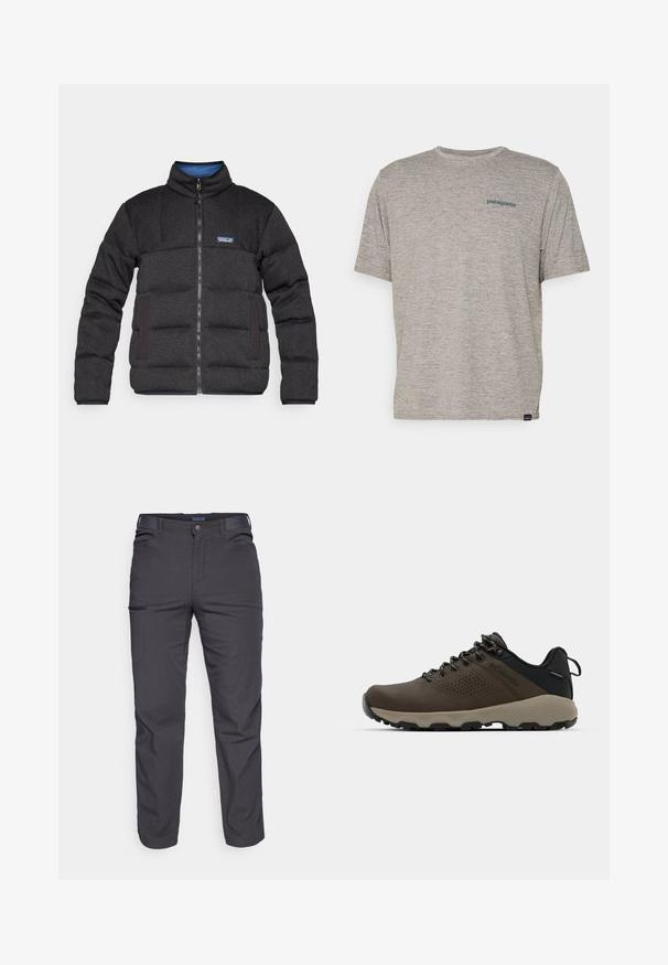 Crna podstavljen jakna s visokim ovratnikom, prednjim zatvaračem i kontrastnom plavom unutrašnjošću. Ima bočne džepove i brendirani logo na prsima.; Siva majica kratkih rukava izrađena od mekane, teksturirane tkanine s malim plavim Patagonia logotipom na lijevoj strani prsiju. Bez dodatnih uzoraka.; Tamno sivi hlače od izdržljive tkanine, s patentnim zatvaračem na džepu, ravnog kroja i s petljama za remen za podešavanje veličine.; Smeđe vodootporne tenisice s teksturiranom gornjom i perforiranim detaljima, crnom potporom za petu i sivim gumiranim potplatom. Čipke su stilizirane s metalnim krajevima.