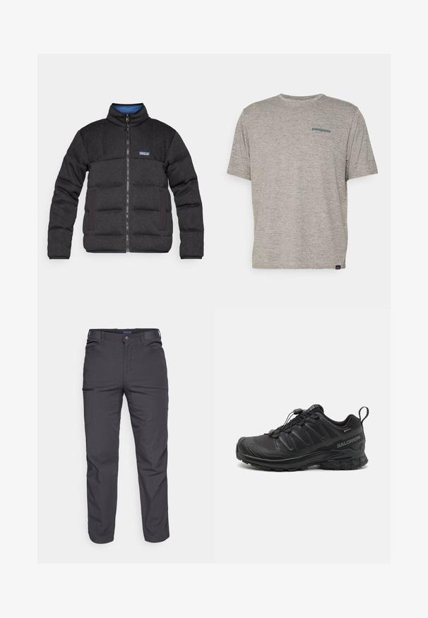 Melnā polsterētā jaka ar augstu apkakli, priekšējo rāvējslēdzēju un kontrastējošu zilu iekšējo oderi. Iespējamas sānu kabatas un zīmola logo uz krūšu daļas.; Pelēka īsām piedurknēm kreks, kas izgatavots no mīkstas teksturētas auduma, ar mazu zilu Patagonia logotipu kreisajā krūtī. Bez papildu rakstiem.; Tumši pelēki bikses, kas izgatavotas no izturīgas auduma, ar rāvējslēdzēja kabatu, taisnu piegriezumu un jostu cilpām, lai pielāgotu fit.; Melna sporta apava ar teksturētu sintētisku augšdaļu, ar mīkstinātu zoli un ātru saslēgšanas sistēmu. Iezīmēts ar pastiprinātu purngala un papēža daļu.