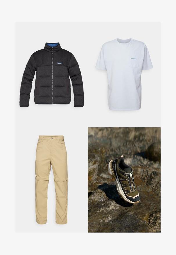 Fekete párnázott dzseki magas gallérral, elülső cipzárral és kontrasztos kék bélésse. Oldalant zsebekkel és márkás logóval a mellkason rendelkezik.; Fehér pamut póló rövid ujjakkal, kerek nyakkal és bal oldalon elhelyezett zsebbel, amelyen egy kék "Patagonia" logó található. Klasszikus szabású, sima textúrával.; Beige, zipzáras nadrág sima textúrával, két oldalsó zsebbel, gombos záródással és felgöngyölhető nadrágszárral a sokoldalúság érdekében.; Olívazöld és fekete túrabakancs rózsaszín részletekkel. Jellemzői közé tartozik a texturált felsőrész, a rugalmas talp, a megerősített orr- és a színes fűzőrendszer.
