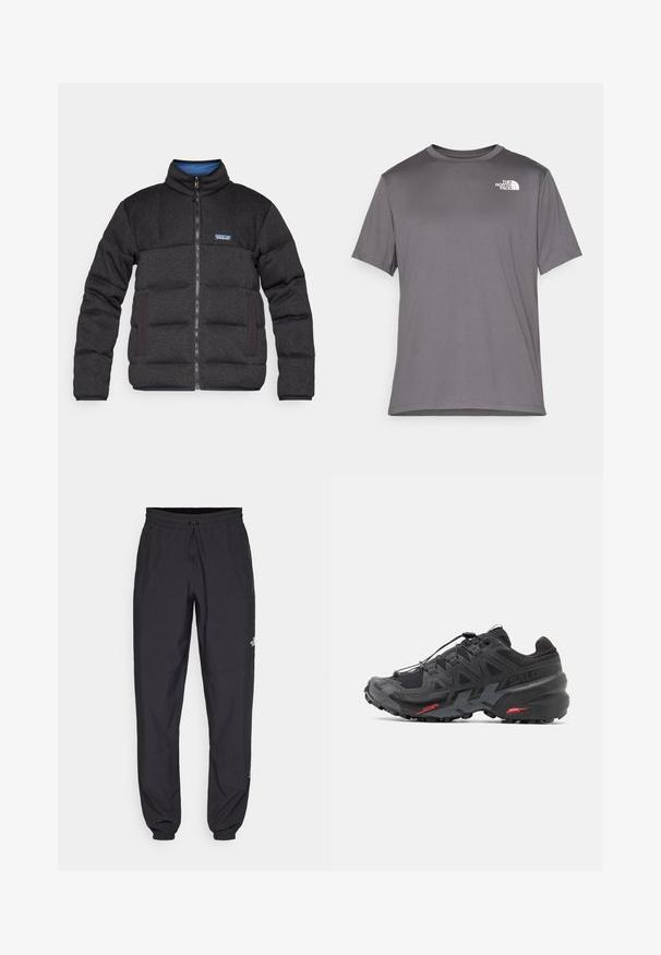 Casaco acolchoado preto com um colarinho alto, fecho dianteiro e forro interior azul em contraste. Apresenta bolsos laterais e um logótipo da marca no peito.; T-shirt atlético cinza de manga curta, feito de um tecido suave e leve. Apresenta um logo branco na área do peito esquerdo. Design de gola redonda.; Calças atléticas pretas feitas de tecido leve, com um cós ajustável por cordão, bolsos laterais e punhos afunilados nos tornozelos.; Sapatilha de corrida preta com parte superior em sintético, design texturizado e detalhes em vermelho contrastante. Apresenta um sistema de atilho seguro e sola robusta.