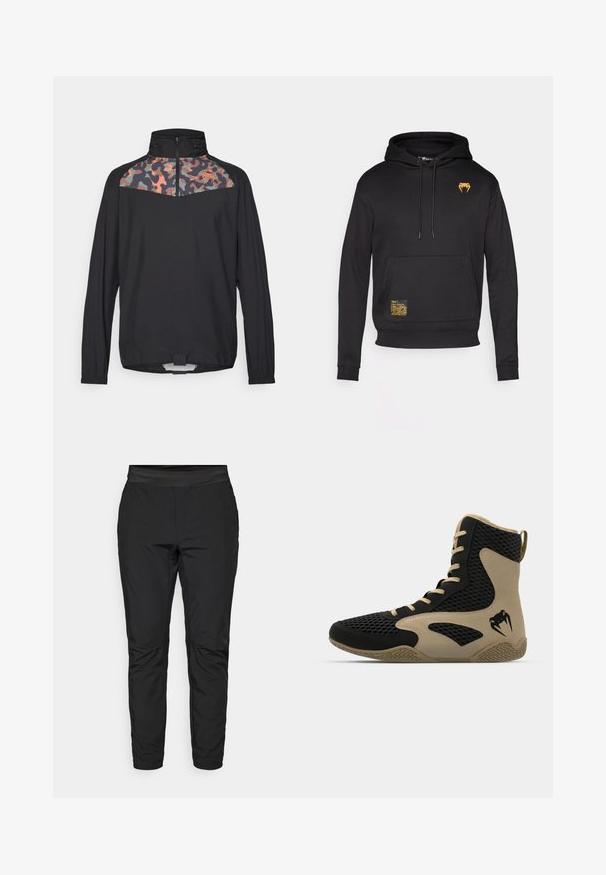 Μαύρο σπορ σακάκι με ψηλό γιακά, μισό φερμουάρ και πάνω τμήμα σε καμουφλάζ σε αποχρώσεις του γκρι, πορτοκαλιού και πράσινου.; Μαύρη φούτερ από μαλακό ύφασμα, με μπροστινή τσέπη, κουκούλα με κορδόνι, και χρυσό λογότυπο στο στήθος με υφασμάτινη κίτρινη ετικέτα.; Μαύρα κολάν με εφαρμοστή σχεδίαση, ελαστική μέση και τσέπες με φερμουάρ. Λείο ύφασμα με ελαφρώς γυαλιστερή επιφάνεια.; Αθλητικά παπούτσια τύπου ψηλή με μαύρο διχτυωτό εξωτερικό και εκρού λεπτομέρειες. Υφή από καουτσούκ στην σόλα και λογότυπο στη πλευρά.