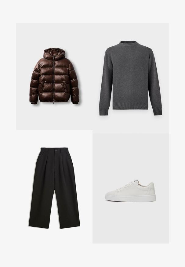 Brown puffer jacket made of shiny material, featuring a hood, front zipper, and two side pockets with a boxy shape and stitched pattern.; Gray knit sweater with a round neck, long sleeves, and ribbed cuffs and hem. Soft texture with a smooth finish. Simple, modern design.; Black trousers with a relaxed fit, featuring pleats at the front, side pockets, and a button closure. Made from textured fabric.; White leather low-top sneakers with a round toe, flat white rubber sole, and minimalistic stitching detail. Laces secured through six eyelets.