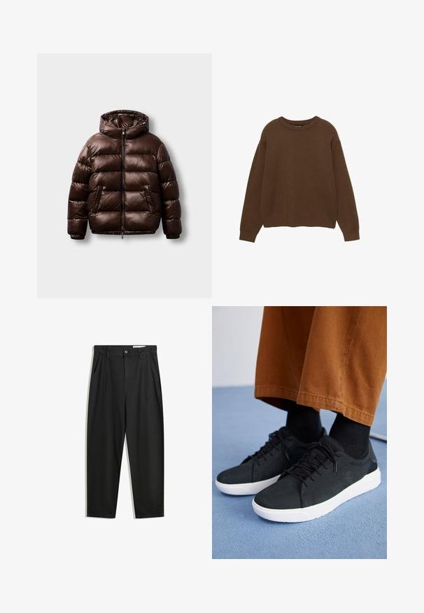 Brun pufferjakke lavet af skinnende materiale, med hætte, frontlynlås og to sidelommer med en boksform og syet mønster.; Brun strikket sweater med rund halsudskæring, lange ærmer og en afslappet pasform. Glat tekstur med ribbede mansjetter og kant.; Sorte bomuldsbukser med en afslappet pasform, der har en klassisk talje, frontfolder og sidelommer. Glat tekstur uden mønstre.; Sorte ruskinds sneakers med hvide gummisulder, med snørebånd-design, teksturerede detaljer og diskret branding, parret med brune bukser.