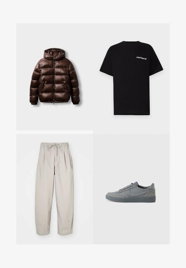 Brun pufferjakke lavet af skinnende materiale, med hætte, frontlynlås og to sidelommer med en boksform og syet mønster.; Sort bomulds-T-shirt med korte ærmer, rund halsudskæring og hvidt "Carhartt"-logo på venstre bryst. Glat tekstur, minimalistisk design.; Beige, lette bukser med elastisk talje og snor. Har plisseringer og en løs pasform, lavet af blødt, glat stof.; Grå ruskinds sneakers med en glat læderoverdel, der har en struktureret gummisål og klassisk snørelukning. Signatur swoosh-logo på siden.