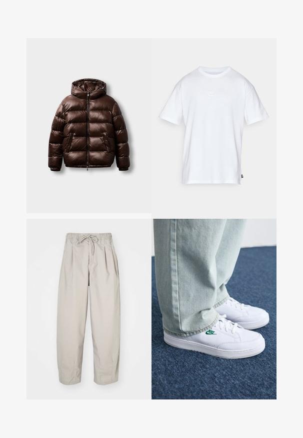 Barna puffa dzseki fényes anyagból, kapucnival, elülső cipzárral és két oldalsó zsebbel, boxy sziluettel és varrott mintázattal.; Fehér pamut póló, rövid ujjakkal és kerek nyakkivágással. Jellemzője egy kis, diszkrét Nike logó a mellkason és egy oldalsó címke.; Beige, könnyű nadrág, rugalmas derékkal és zsinórral. Ráncokkal és laza szabással rendelkezik, puha, sima anyagból készült.; Fehér bőr sportcipők zöld Nike logóval, kerek orral, lapos talppal, világoskék farmernadrággal párosítva, kék szőnyegen bemutatva.