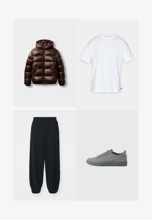 Brun puffjakke laget av blankt materiale, med hette, frontglidelås og to sidelommer, med en boksform og sydd mønster.; Hvit bomull t-skjorte med korte ermer og rund hals. Har en liten, subtil Nike-logo på brystet og en sidelapp.; Sorte, joggebukser med elastisk liv, løs passform, mansjetter på ankler, glatt tekstur og uten synlige mønstre eller hardware-detaljer.; Grå mokkasins sneakers med en glatt skinn-overdel, med en teksturert gummi såle og klassisk snøring. Signatur swoosh-logo på siden.