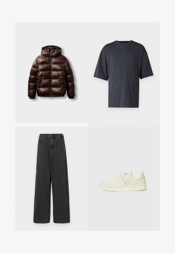 Jachetă pufoasă maro, realizată dintr-un material lucios, având glugă, fermoar frontal și două buzunare laterale, cu o formă pătrată și un model cusut.; Tricou scurt din bumbac ușor, de culoare gri închis, cu un croi lejer și guler clasic la baza gâtului, având o textură simplă și fără modele.; Pantaloni din denim negri, cu talie înaltă și croială largă, cu închidere frontală cu buton și fermoar, având buzunare laterale și o textură netedă.; Adidași crem cu detalii perforate, șireturi și logo pe lateral, expuși pe un fundal alb simplu.