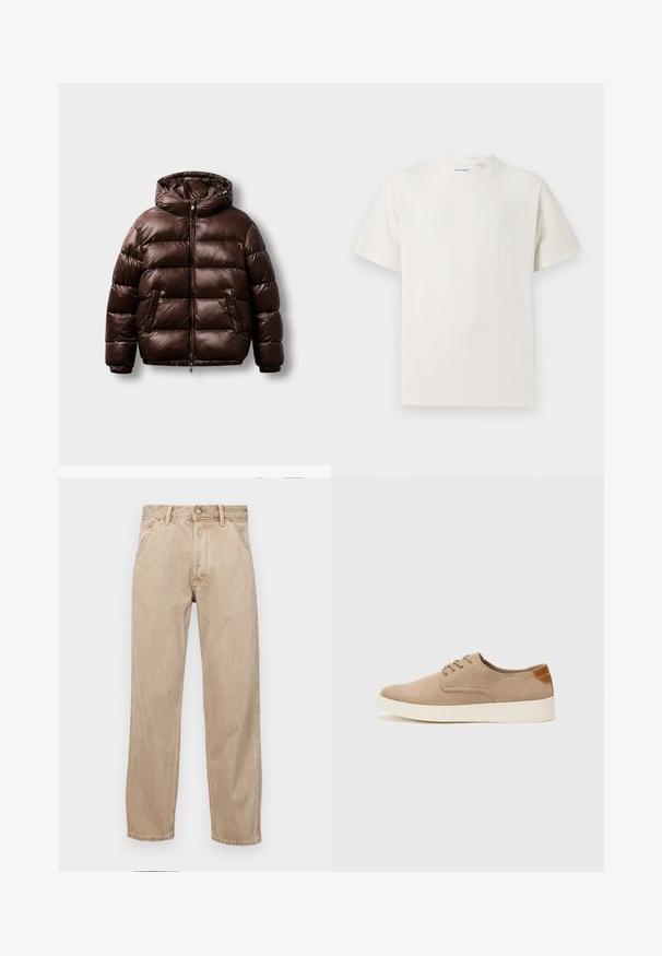 Giubbotto imbottito marrone realizzato in materiale lucido, dotato di cappuccio, zip frontale e due tasche laterali con una forma squadrata e un motivo cucito.; T-shirt bianca a maniche corte in texture a coste. Girocollo, vestibilità rilassata, senza modelli o accenti visibili. Design semplice e versatile.; Jeans in denim beige con un design a gamba dritta, dotati di tasche frontali, chiusura con bottone metallico e una texture delicata.; Sneaker in suede beige con punta arrotondata, stringhe davanti e un accento testurizzato sul retro. La suola in gomma bianca offre un contrasto. Design semplice e moderno.