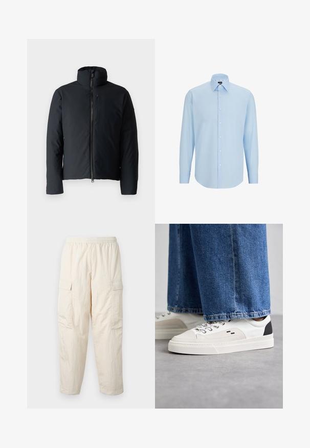 Sort polstret jakke med opretstående krave, frontlynlås og en lynlåslomme på brystet. Glat materiale, let figursyet silhuet.; Lyseblå langærmet skjorte lavet af glat stof, med knaplukning foran, spids krave og normal pasform.; Beige cargo-bukser med elastisk talje, der har to sidelommer og et blødt, let stof. Krøllet tekstur.; Hvide og sorte sneakers med en glat læderoverdel, teksturerede detaljer og en kraftig hvid sål. Har et klassisk snørebåndsdesign.