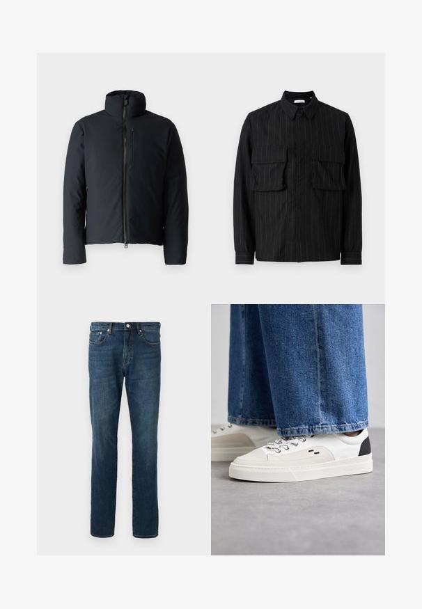 Sort polstret jakke med opretstående krave, frontlynlås og en lynlåslomme på brystet. Glat materiale, let figursyet silhuet.; Sorte langærmet skjorte med vertikale striber, to brystlommer, krave og knaplukning. Blødt, struktureret stof.; Mørkeblå denim jeans, lige ben, fem lommer, knaplukning, med subtile falmning og syning detaljer. Glat tekstur.; Hvide og sorte sneakers med en glat læderoverdel, teksturerede detaljer og en kraftig hvid sål. Har et klassisk snørebåndsdesign.