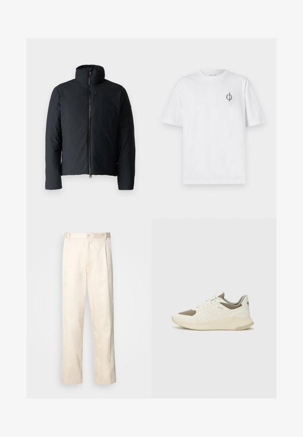 Black padded jacket with a stand collar, front zip closure, and a small chest pocket; smooth texture with a minimalist design.; White cotton t-shirt with a relaxed fit, featuring a small black graphic logo on the left chest area. Short sleeves, crew neck style.; Beige cotton trousers with a straight-leg cut, featuring a button closure and pleats at the front for added detail.; White and light beige athletic sneaker, featuring a mesh upper, perforated detailing, and a textured midsole with branding on the heel.
