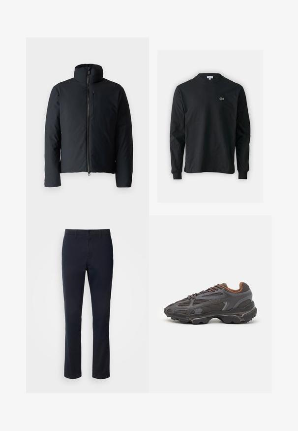 Zwarte gewatteerde jas met een staande kraag, een rits aan de voorkant en een ritszak op de borst. Glad materiaal, licht getailleerde silhouette.; Zwarte longsleeve t-shirt van katoen, met een ronde halslijn en een klein groen geborduurd krokodillenlogo op de linkerborst.; Marineblauwe broek van een gladde stof, met een rechte pijpdesign, riemlussen en een knoopsluiting met een ritssluiting.; Lacoste sneakers in donkergrijs van mesh en synthetisch materiaal, met een gestructureerde zool en bruine accenten op de kraag en branding.