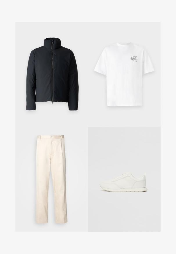 Black padded jacket with a stand collar, front zip closure, and a small chest pocket; smooth texture with a minimalist design.; White cotton t-shirt with short sleeves, crew neck, featuring a black CK logo on the left chest area, standard fit, smooth texture.; Beige cotton trousers with a straight-leg cut, featuring a button closure and pleats at the front for added detail.; White sneaker with a mesh and synthetic upper, round toe, flat laces, and a textured side stripe. Rubber sole with a pull tab at the back.
