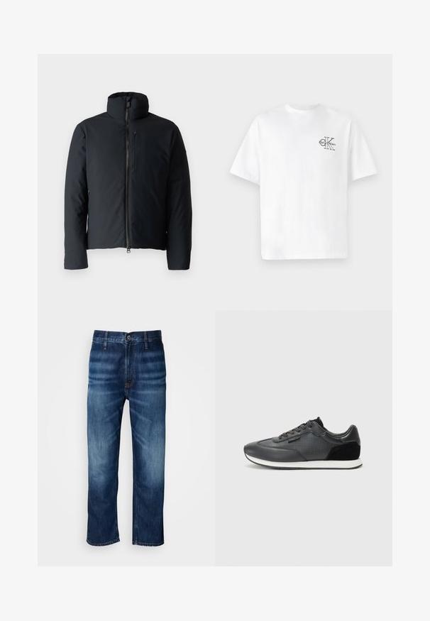 Svart polstret jakke med ståkrage, frontglidelås og en glidelåslomme på brystet. Jevnt materiale, lett innsvingt silhuett.; Hvit bomull t-skjorte med kort erme, rund hals, med en svart CK-logo på venstre brystområde, standard passform, glatt tekstur.; Mørkeblå straight-leg denimjeans med subtil falming på lårene og en knappelukking i midjen, vist på en hvit bakgrunn.; Sorte atletiske joggesko med lærøvre og perforerte detaljer, semsket aksenter og en hvit gummisåle. Klassisk snøring.
