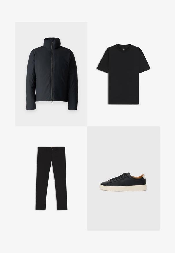 Sort polstret jakke med opretstående krave, frontlynlås og en lynlåslomme på brystet. Glat materiale, let figursyet silhuet.; Sort kortærmet T-shirt lavet af en glat bomuldsblanding, med en rund halsudskæring og et minimalistisk design uden mønstre eller accenter.; Sorte bukser lavet af stof med en glat tekstur. Har en knaplukning, bæltestropper og sidelommer. Standard design med lige ben.; Sorte lædersneakers med en glat overflade, beige gummisål, snørebåndsdesign og en kontrastfarvet hæl.