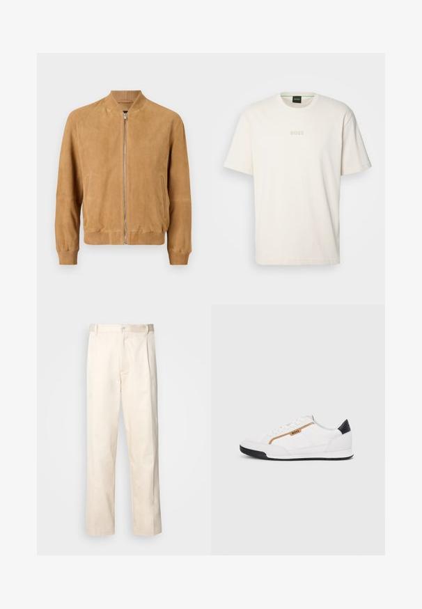 Casaco bomber em camurça castanho claro com fecho frontal em zip, colarinho e punhos ribados, e bolsos laterais; textura suave com detalhes de design mínimos.; BOSS TEE - T-shirt básica - open white; Calças de algodão bege com corte reto, apresentando um fecho de botão e pregas na frente para um detalhe adicional.; Tênis atléticos brancos com detalhes em malha e couro. Apresenta um logotipo dourado "BOSS", painéis laterais texturizados e um capô de calcanhar preto. Sola em borracha.