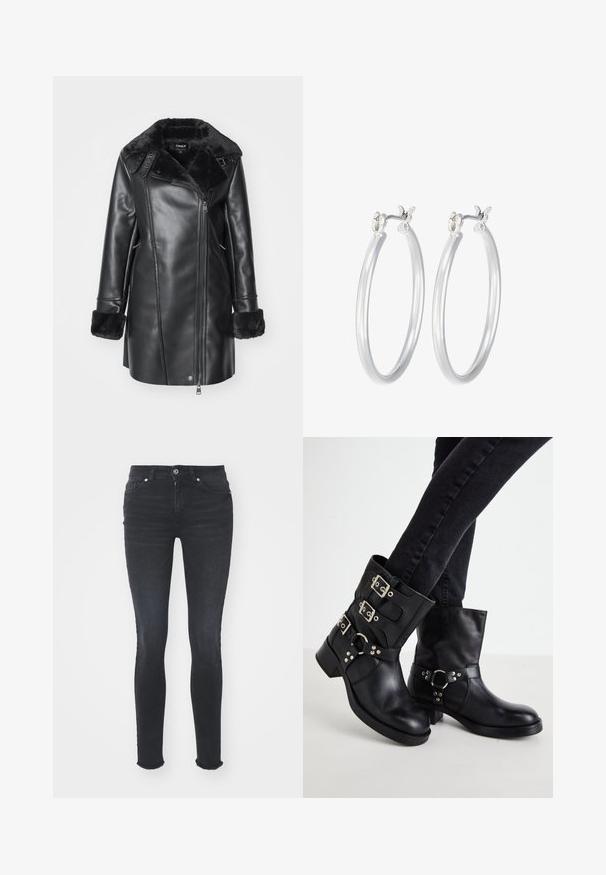 Melnas ādas mētelis ar mākslīgā kažokāda apmali un aprocēm. Iezīmējas ar diagonālu rāvējslēdzēju un dekoratīviem kniedēm uz pleciem. Gluda tekstūra.; Melna garā piedurkne bodijs ar augstu apkakli, kurā ir blīvs audums uz ķermeņa un caurspīdīgas acs piedurknes, izstrādāts pieguļošā formā.; Melna denima pieguļošas džinsus ar vidēju jostas līmeni, piecām kabatām un frēzu apakšmalu. Audumam ir gluda tekstūra ar nelielu elastību.; Melnas ādas potītēm paredzētas zābaki ar trim sprādzes akcentiem, noapaļota purngala un zemu blokveida papēdi. Dizainā ir iekļauti gan gludi, gan teksturēti paneļi.; Sudraba riņķveida auss gredzeni ar gludu, pulētu apdari. Apaļa forma un drošs klikšķa augšējais slēgums. Viegls dizains, kas piemērots ikdienas valkāšanai.