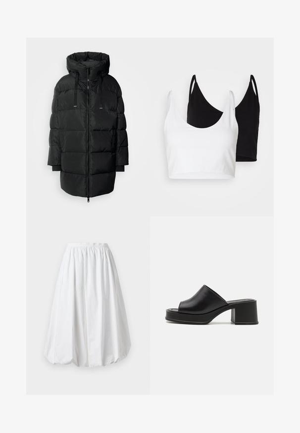 Black padded coat with a high collar, front zipper, and drawstring. Features long sleeves and side pockets, designed for warmth and comfort.; Two cotton crop tops in white and black. Each has a deep neckline and thin shoulder straps, featuring a smooth, soft texture.; White, knee-length skirt with an elasticated waistband and a balloon shape. Made from lightweight fabric with a smooth texture.; Black leather platform mules with a rounded open toe, low block heel, and smooth texture. Minimalist design with sleek lines.