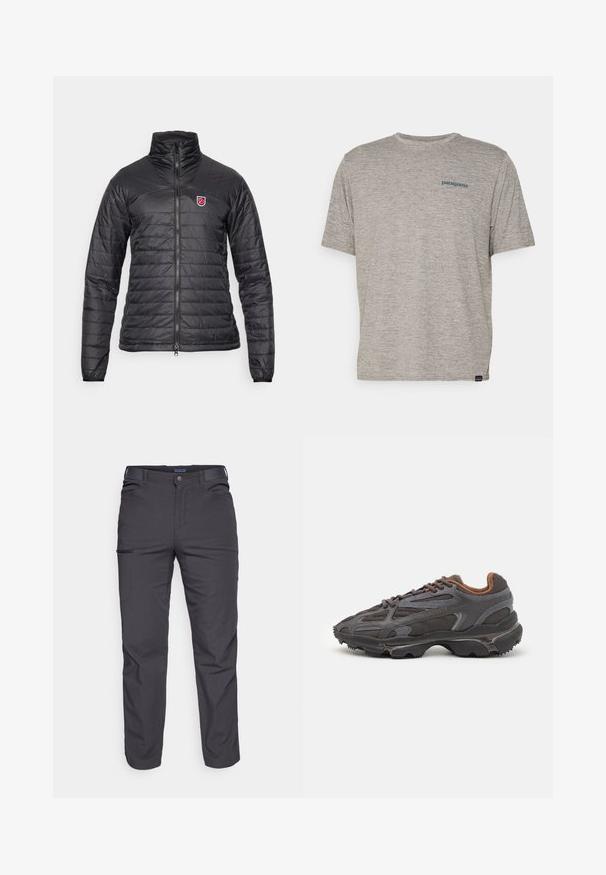 Black insulated jacket with a high collar, quilted pattern, and a zip closure. Features a small red emblem on the left chest area.; Gray short-sleeve t-shirt made of soft, textured fabric featuring a small blue Patagonia logo on the left chest. No additional patterns.; Dark gray trousers made of durable fabric, featuring a zippered pocket, straight cut, and belt loops for adjustable fit.; Lacoste sneakers in dark gray with mesh and synthetic material, featuring a textured sole and brown accents on the collar and branding.