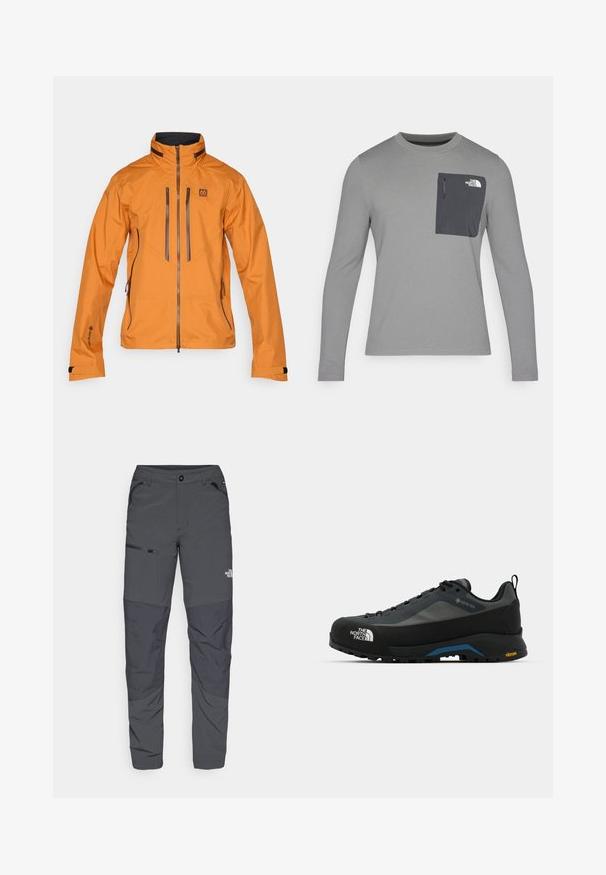 Oranje waterdichte jas met een hoge kraag, rits aan de voorkant en twee ritszakken op de borst. Heeft grijze accenten en verstelbare manchetten.; Grijze lange mouw shirt van textuurstof, met een donkergrijze borstzak en een ritsluiting. Logo op de zak in het wit.; Grijze buitenbroeken met een gladde textuur, voorzien van een ritszak aan de zijkant, versterkte kniestukken en een subtiele logodetail.; The North Face VERTO ALPINE GORE TEX - Outdoorschoenen - asphalt grey/tnf black
