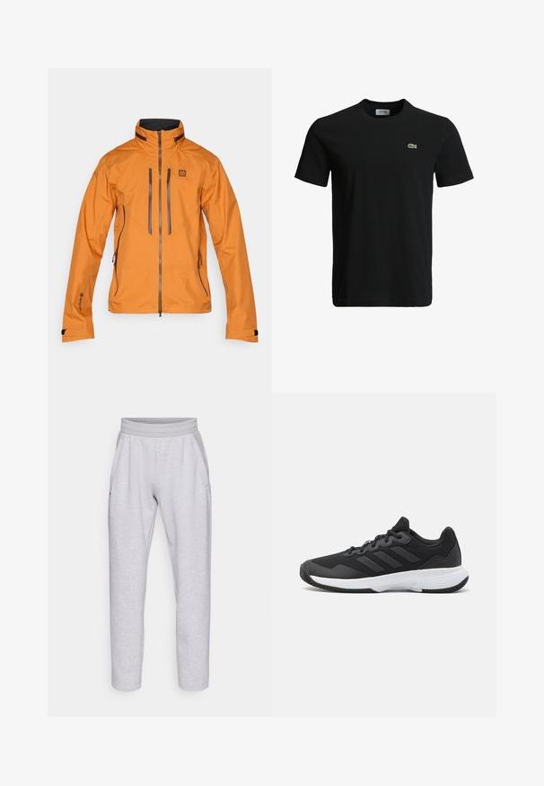 Giacca impermeabile arancione con colletto alto, chiusura frontale con zip e due tasche sul petto con zip. Presenta dettagli grigi e polsini regolabili.; T-shirt in cotone nero con colletto rotondo, maniche corte e un piccolo logo di coccodrillo verde sul lato sinistro del petto. Texture liscia, design casual.; Pantaloni sportivi grigi chiari realizzati in tessuto morbido, con vita elasticizzata, due tasche laterali e gambe a fascio con orlo elasticizzato.; Scarpa da ginnastica nera con parte superiore texturizzata, tre strisce orizzontali e una suola bianca con battistrada a motivo. Design leggero e aerodinamico.