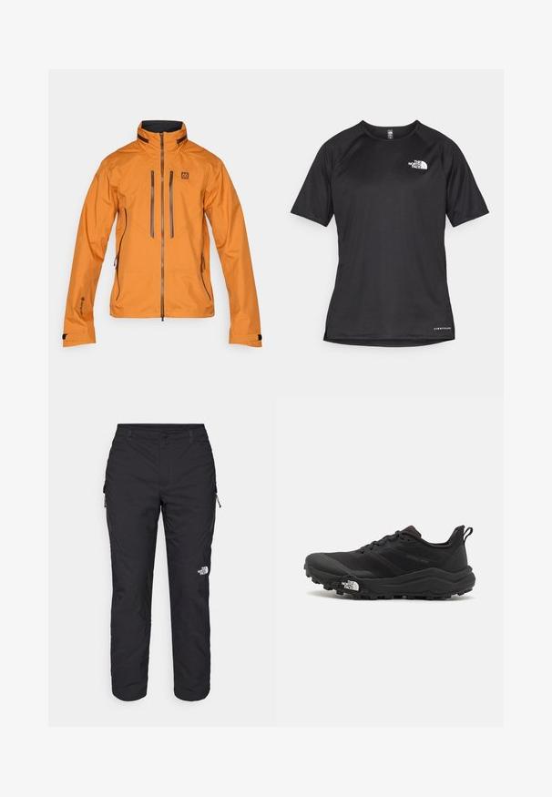 Giacca impermeabile arancione con colletto alto, chiusura frontale con zip e due tasche sul petto con zip. Presenta dettagli grigi e polsini regolabili.; Maglietta sportiva nera a maniche corte con tessuto testurizzato, caratterizzata da un logo bianco sul lato sinistro del petto e orlo dritto.; The North Face WINTER EXPLORATION TAPERED CARGO - Pantaloni outdoor - black; Scarpa da trail running nera con tomaia texture, suola in gomma e punta rinforzata. Presenta un collare imbottito e un tassello per un indossamento facile.