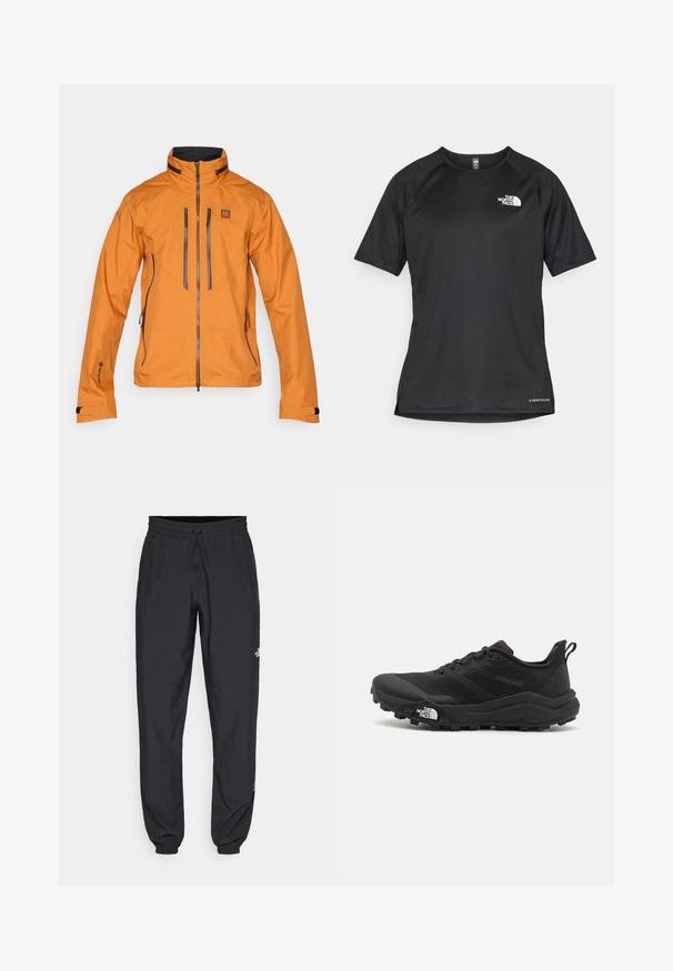 Veste imperméable orange avec un col haut, fermeture éclair à l'avant et deux poches poitrine zippées. Présente des accents gris et des poignets ajustables.; T-shirt de sport noir à manches courtes avec un tissu texturé, arborant un logo blanc sur la poitrine gauche et un ourlet droit.; Pantalon de sport noir en tissu léger, avec une taille à cordon, des poches latérales et des chevilles resserrées.; Chaussure de trail running noire avec une tige texturée, semelle en caoutchouc et bout renforcé. Présente un col rembourré et une tirette pour un enfilage facile.