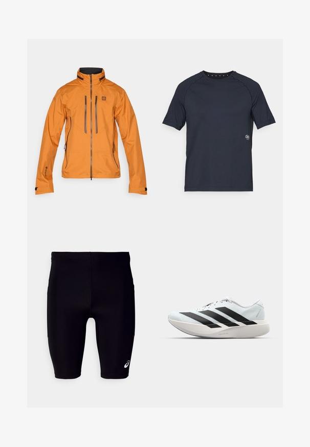 Casaco impermeável laranja com colarinho alto, fecho frontal com zíper e dois bolsos no peito com zíper. Apresenta detalhes em cinza e punhos ajustáveis.; T-shirt curto de manga curta em azul marinho escuro, feito de tecido leve, com decote redondo, detalhes de ilhós pequenos na parte de trás e logótipo na frente.; Calções atléticos pretos feitos de material elástico, apresentando um ajuste justo, design até ao joelho e um pequeno logótipo branco na parte inferior.; Tênis de corrida leves em azul pálido com riscas pretas. Apresentam um cabedal liso, bico redondo e uma entressola espessa branca rotulada como "LIGHTSTRIKE PRO."