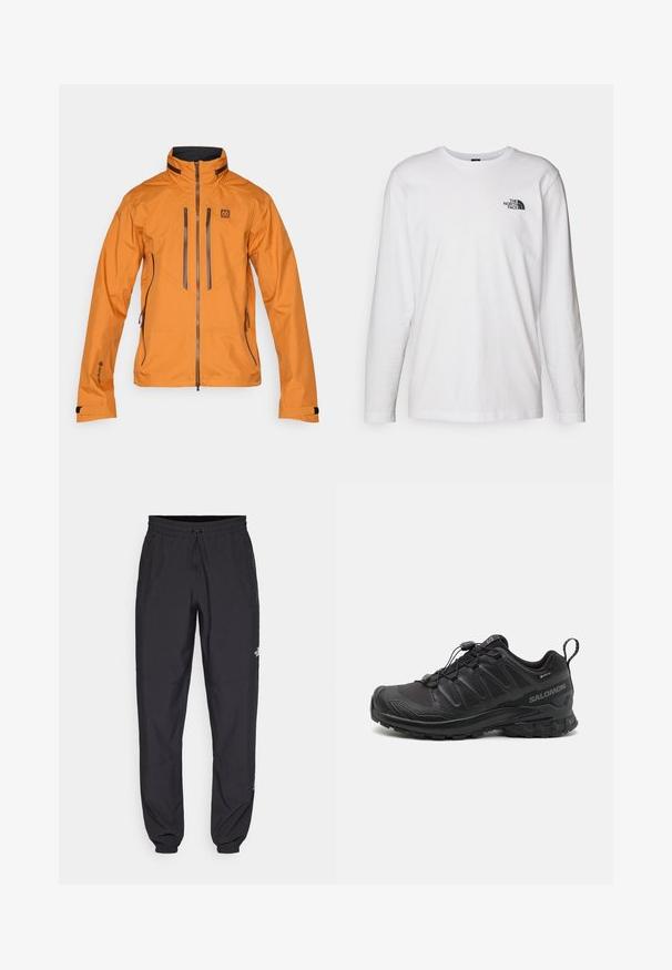 Chaqueta impermeable naranja con un alto cuello, cierre frontal con cremallera y dos bolsillos en el pecho con cremallera. Cuenta con detalles en gris y puños ajustables.; Camiseta de manga larga blanca de algodón con cuello redondo. Presenta un pequeño logotipo negro en el pecho. Textura suave, corte regular.; Pantalones deportivos negros hechos de un tejido ligero, con una cinturilla ajustable, bolsillos laterales y puños ajustados en los tobillos.; Zapatilla deportiva negra con parte superior sintética texturizada, suela acolchada y sistema de lazado rápido. Cuenta con puntera y talón reforzados.