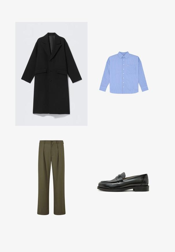 Musta pitkä villakangastakki, jossa on leikkaukset kauluksissa, kolme etunappia ja kaksi läppätaskua, esitettynä tasaisena vaalealla taustalla.; Sininen raidallinen paita, jossa on pitkät hihat, nappisulku ja rintatasku. Esittelee kapeita pystyraitoja vaihtelevissa sinisen sävyissä.; Oliivivihreät housut, joissa on räätälöity malli, etupuolella laskokset, nappisuljenta ja suorat lahkeet. Sileä kangas.; Musta nahkainen loafer, jossa on teksturoitu musta nahkakoriste, pyöreä kärki ja matala lohko korko; koristeellinen metallinen yksityiskohta.