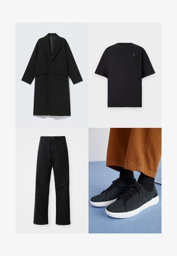 Manteau long en laine noire avec revers crantés, trois boutons sur le devant et deux poches à rabat, présenté à plat sur un fond clair.; T-shirt noir à manches courtes en coton, avec un col rond et un petit logo brodé sur la poitrine. Coupe simple et décontractée.; Pantalons en denim noir à coupe droite, avec poches avant, fermeture éclair et un seul bouton supérieur. Tissu texturé avec une finition mate.; Baskets en suede noir avec semelles en caoutchouc blanc, présentant un design à lacets, des accents texturés et une branding discrète, associées à un pantalon marron.